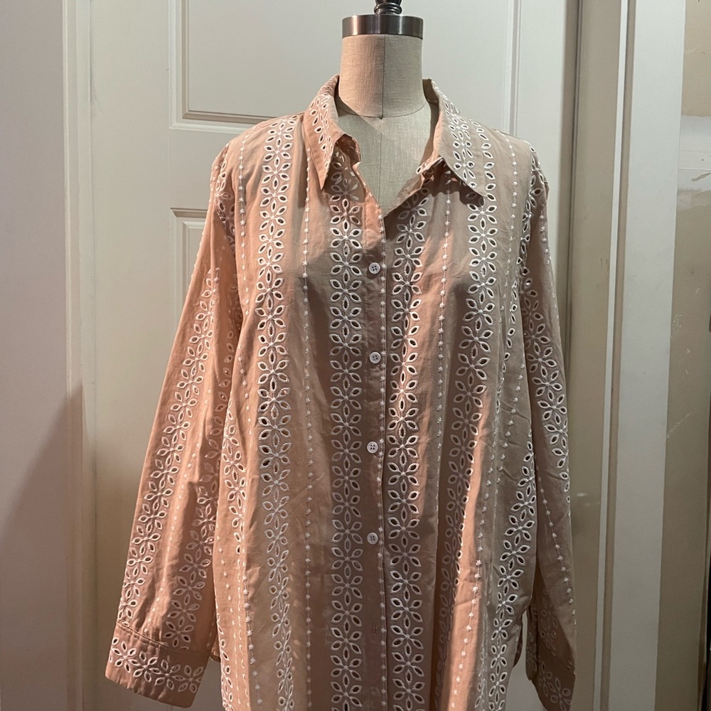 Zara Beige Eyelet Button-Up Blouse
